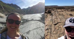 Picture of me in front of a modern glacier which has scratched and grooved the rock in front of it, and 300 million year old glacial grooves left on the desert floor in South Africa