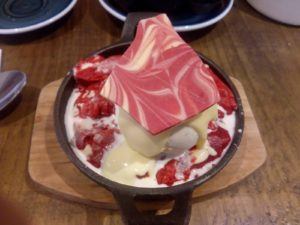 Red velvet cookie dough with vanilla ice cream and white chocolate sauce from the Pudding Pantry in Nottingham.